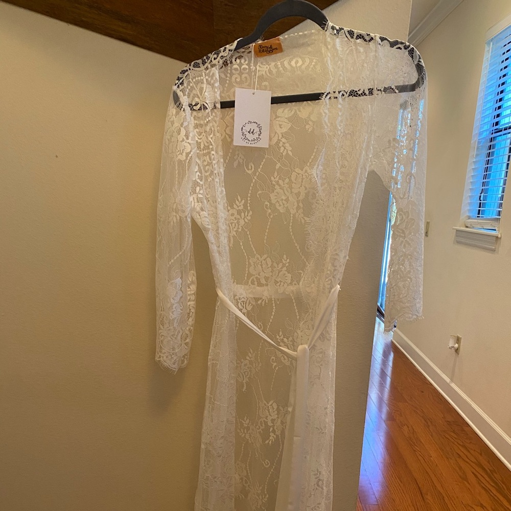 White floor length lace wedding day robe